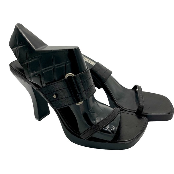 Shoes - SEXXXY MIA Black Leather Square Toe Strappy Heel